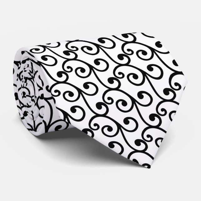Black Swirl Vector Pattern on White Tie (Rolled)