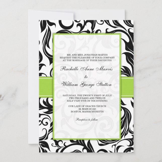 Black Swirl Wedding Invitation with Green (Front)