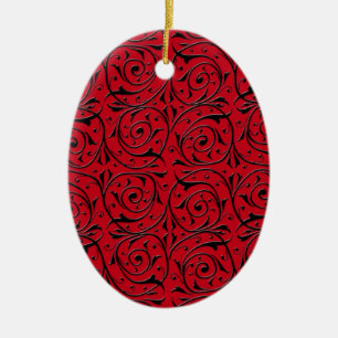 Black Swirling Vines on Red Ceramic Ornament