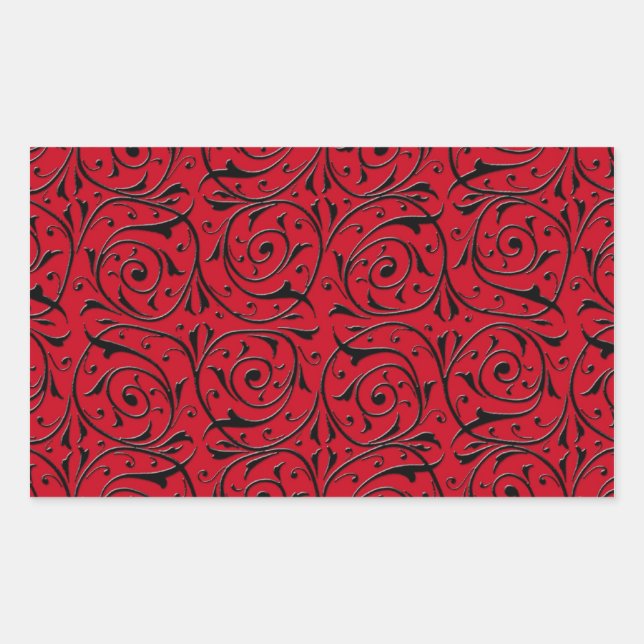 Black Swirling Vines on Red Rectangular Sticker (Front)