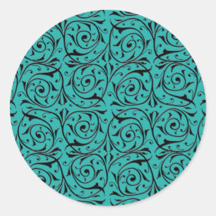 Black Swirling Vines over Turquoise Classic Round Sticker