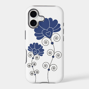 Black Swirls Blue Flowers Pattern - White