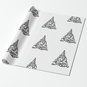 Black Swirls Christmas Trees on White Wrapping Paper
