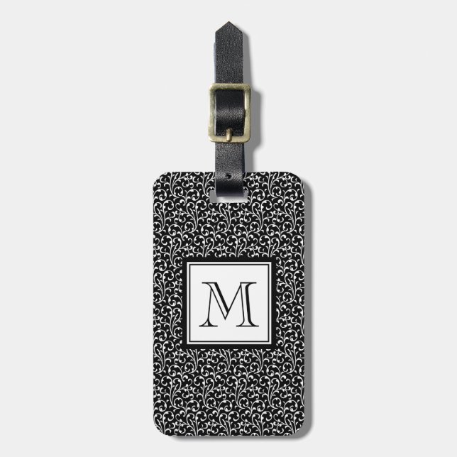 Black Swirls, Custom Monogram, Your Initial Luggage Tag (Front Vertical)