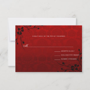 Black Swirls Lighter Red Metallic Damask Wedding RSVP Card
