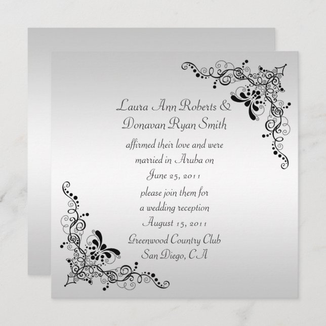 Black Swirls on Silver Background Post Wedding Invitation (Front/Back)