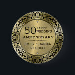 Black swirly frame 50th wedding anniversary 6 cm round badge<br><div class="desc">Elegant ornate black swirly lace mandala 50the wedding anniversary customisable template on gold tones background..</div>