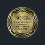 Black swirly frame 50th wedding anniversary 6 cm round badge<br><div class="desc">Elegant ornate black swirly lace mandala 50the wedding anniversary customisable template on gold tones background..</div>