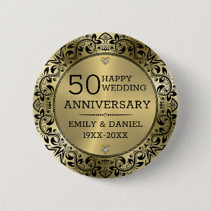 Black swirly frame 50th wedding anniversary 6 cm round badge