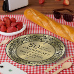 Black swirly frame 50th wedding anniversary paper plate<br><div class="desc">Elegant ornate black swirly lace mandala 50the wedding anniversary customisable template on gold tones background..</div>