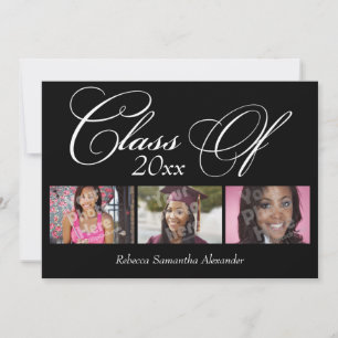 Black Swirly Script 3-Photo Graduation Invitation