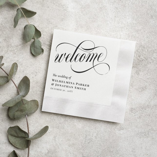 Black Swirly Script Wedding Welcome Napkin (Creator Uploaded)