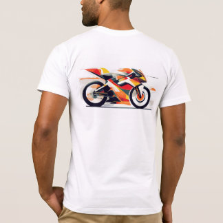 Black t-shirt with a bold motorcycle design.