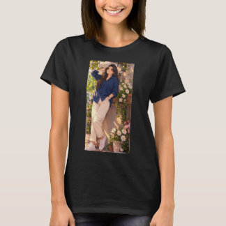 Black t-shirt with girlish print on it.