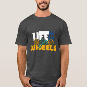 "Black T-Shirt with 'Life on Wheels' Text.