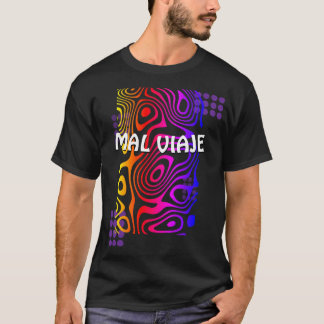 Black t-shirt with multicolored design.