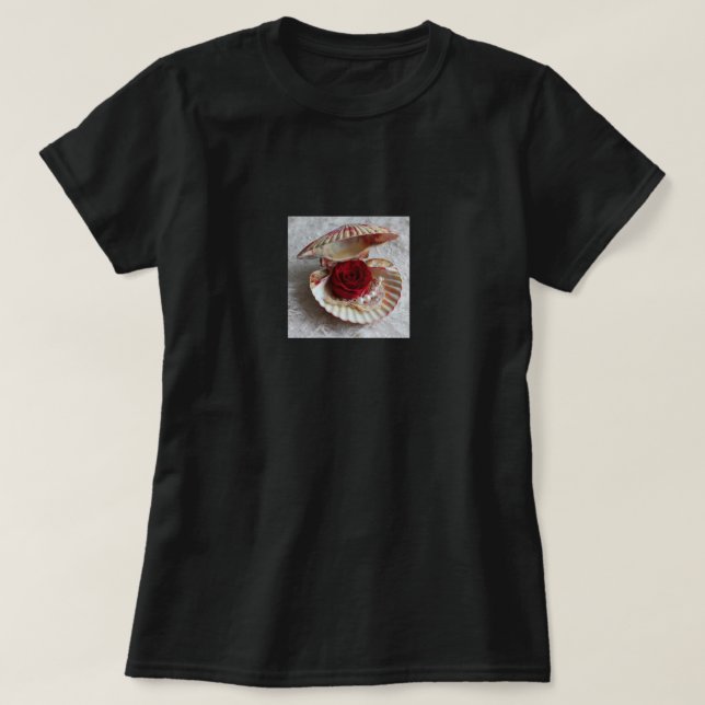 Black T-Shirt with Open Seashell, Rose & Pearl Ele (Design Front)