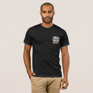 Black t-shirt with  text written on it 