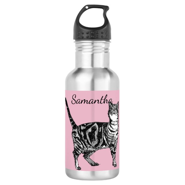 Black Tabby Cat Cats Blush Pink Water Bottle (Front)