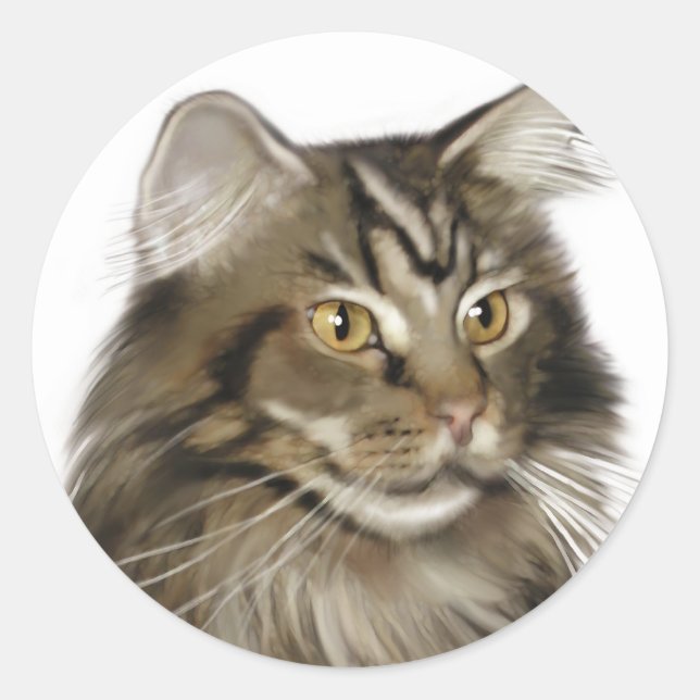 Black Tabby Maine Coon Cat Classic Round Sticker (Front)