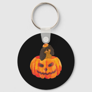 Black Tan Cavalier Dog Happy Halloween Pumpkin Key Ring