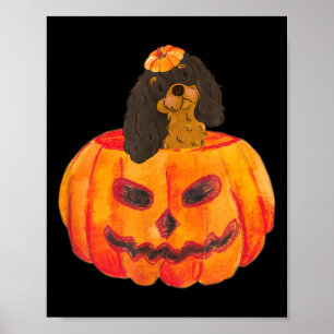 Black Tan Cavalier Dog Happy Halloween Pumpkin Poster