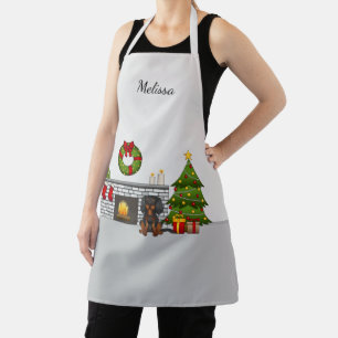 Black & Tan Cavalier In A Christmas Room & Name Apron