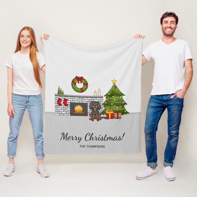 Black & Tan Cavalier In A Christmas Room & Text Fleece Blanket (In Situ)