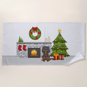Black & Tan Cavalier In A Festive Christmas Room Beach Towel