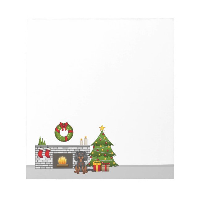 Black & Tan Cavalier In A Festive Christmas Room Notepad (Front)