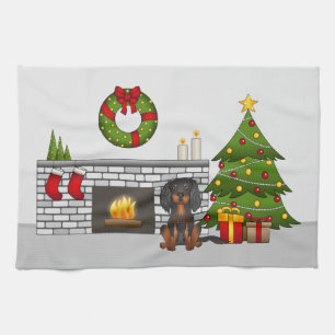 Black & Tan Cavalier In A Festive Christmas Room Tea Towel