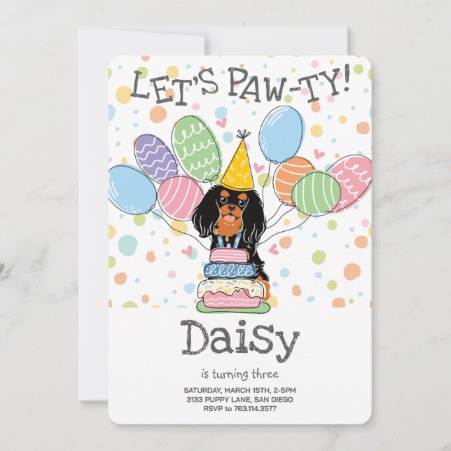 Black Tan Cavalier King Charles Spaniel Birthday  Invitation (Front)