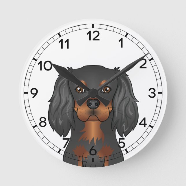 Black & Tan Cavalier King Charles Spaniel Dog Head Round Clock (Front)
