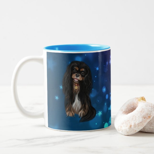 Black & Tan Cavalier King Charles Spaniel Two-Tone Coffee Mug (With Donut)