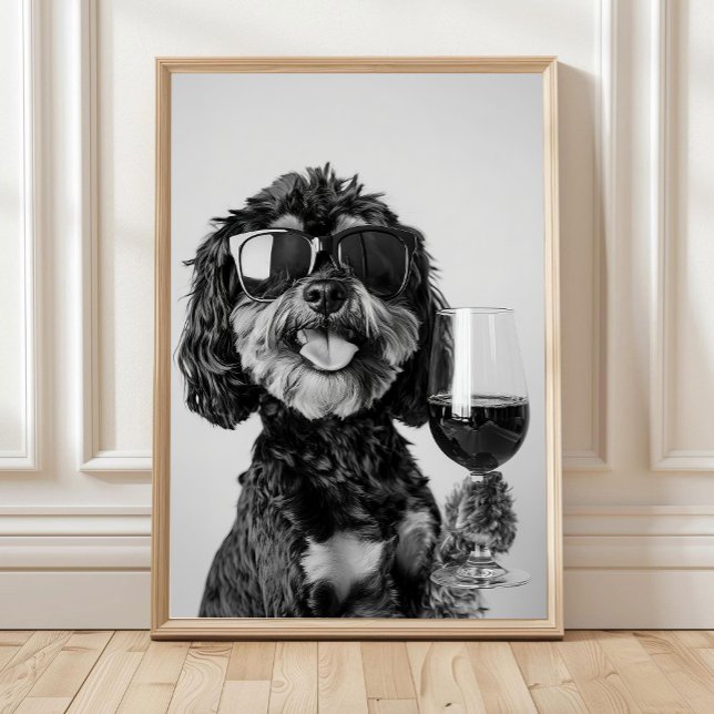 Black & Tan Cavapoo Drinking Wine Wall Art, Black  Poster (Creator Uploaded)