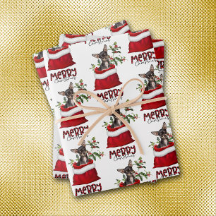 Black Tan Chihuahua Dog in Holiday Gift Bag Wrapping Paper Sheet