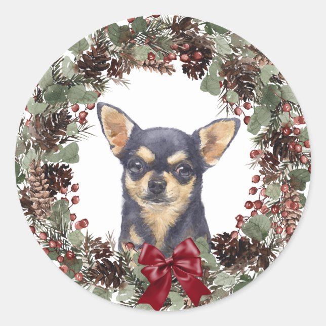 Black Tan Chihuahua Pinecone Wreath Christmas Classic Round Sticker (Front)