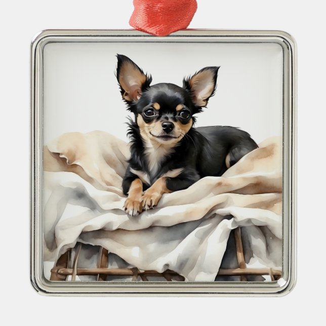 BLACK & TAN CHIHUAHUA PUPPY DOG METAL ORNAMENT (Front)