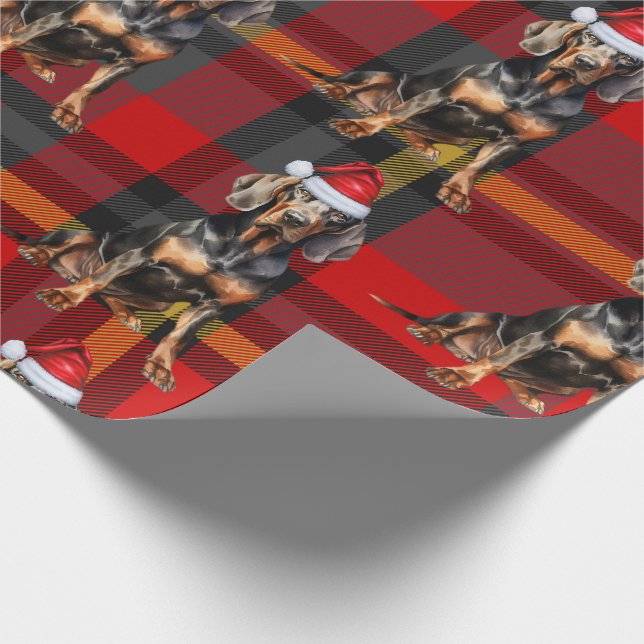 Black Tan Coonhound Dog and Red Plaid Christmas Wrapping Paper (Corner)