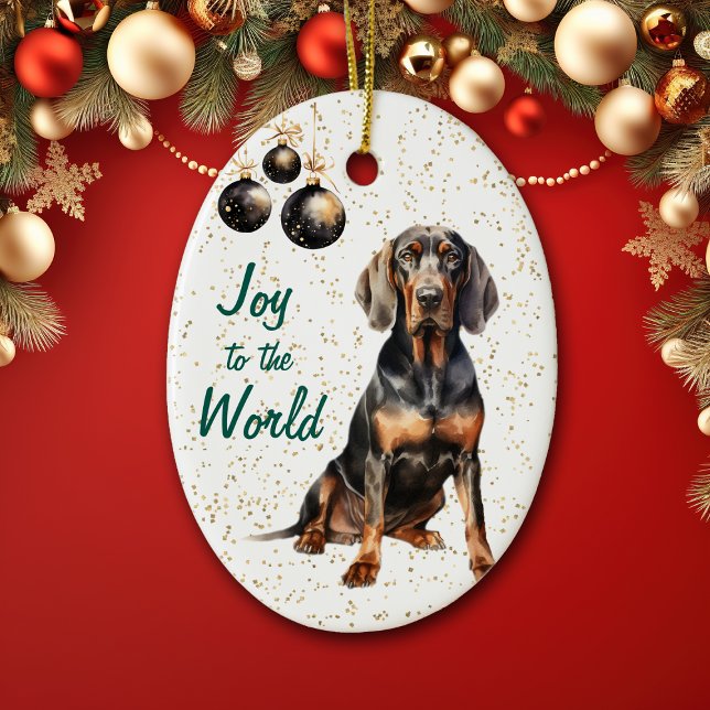 Black Tan Coonhound Dog Joy to the World Christmas Ceramic Ornament (Creator Uploaded)