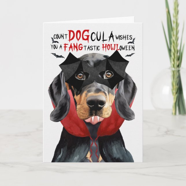 Black Tan Coonhound Funny Count DOGcula Halloween Holiday Card (Front)