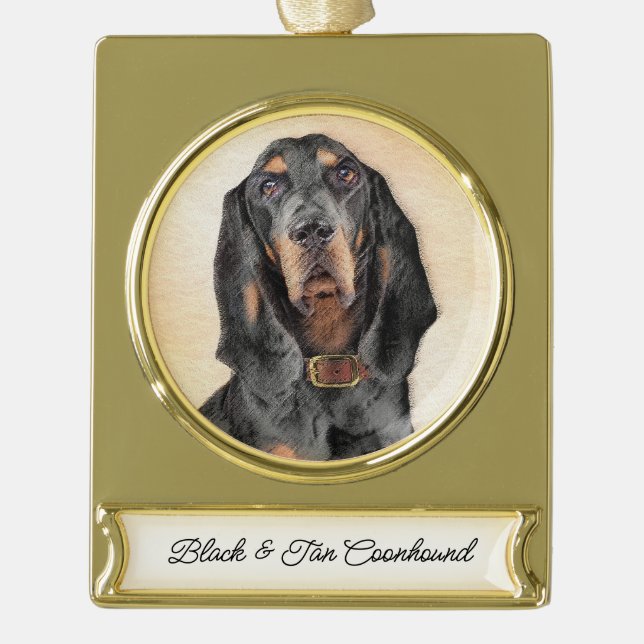 Black & Tan Coonhound Painting - Original Dog Art Gold Plated Banner Ornament (Front)