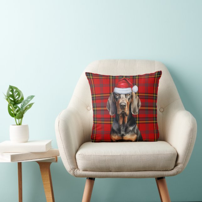 Black Tan Coonhound Red Green Plaid Christmas Dog Cushion (Chair)