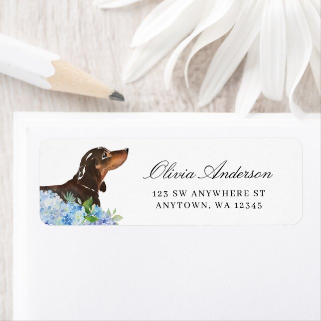 Black Tan Dachshund Blue Hydrangea Return Address Label (Insitu)