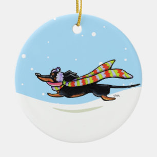 Black Tan Dachshund Cold Run Winter Ceramic Ornament
