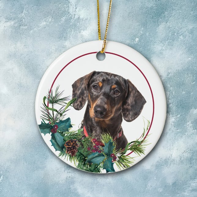 Black Tan Dachshund Dog Evergreen Berry Wreath Ceramic Ornament (Creator Uploaded)