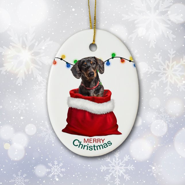 Black Tan Dachshund Dog in Holiday Gift Bag Ceramic Ornament (Creator Uploaded)
