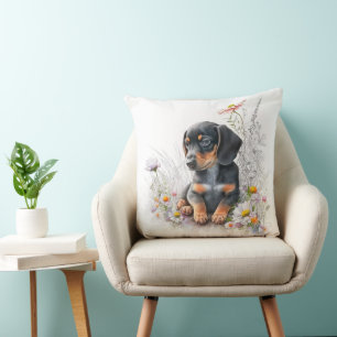BLACK & TAN DACHSHUND PUPPY DOG WITH WILDFLOWERS CUSHION