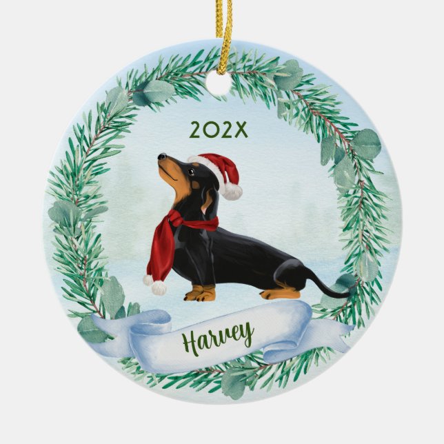 Black & Tan Dachshund Sausage Dog Christmas Wreath Ceramic Ornament (Front)