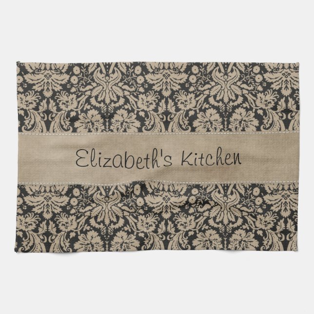 Black Tan Damask Stitched Vellum Tea Towel (Horizontal)